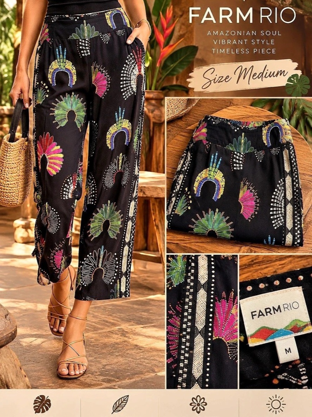 Farm Rio Wide Leg Printed Pants in Black & Multicolor, Medium